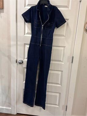 Freddy Dark Blue Short-Sleeve Denim Jumpsuit with Front Zip!